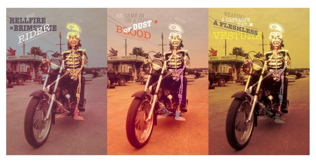 The Hellfire and Brimstone Rider: An Original Art Print Set of 3 - 3.25 x 4.75" (Skeleton in a Captain's hat on a vintage motorcycle.)