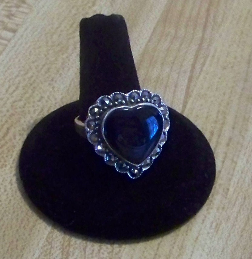 Vintage Sterling Silver Black Onyx and Marcasite Heart Shaped Ring Valentine's Gift