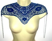Detachable lace collar steampunk jewelry in blue silver chain epaulettes  - COBALT - AmorousCatsAttic