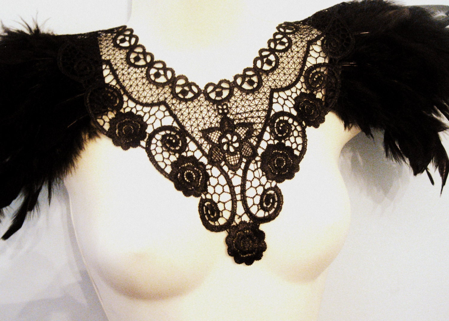 Steampunk jewelry black feather and lace statement collar corset top with epaulettes epaulets