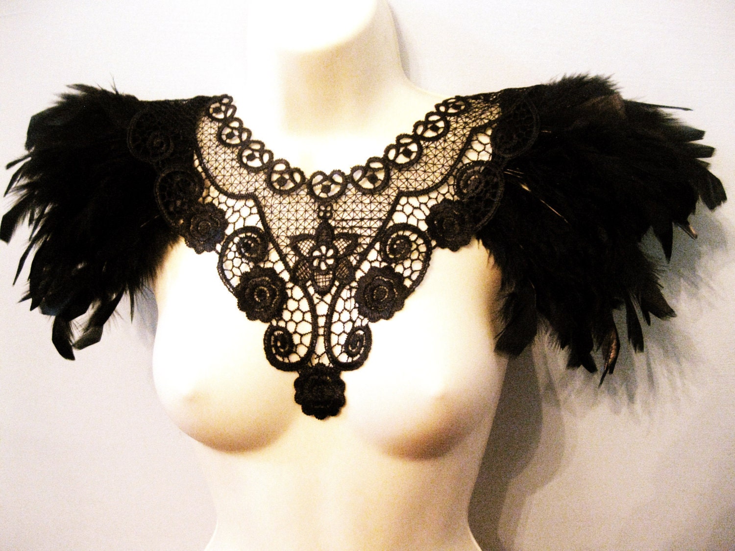 Steampunk jewelry black feather and lace statement collar corset top with epaulettes epaulets
