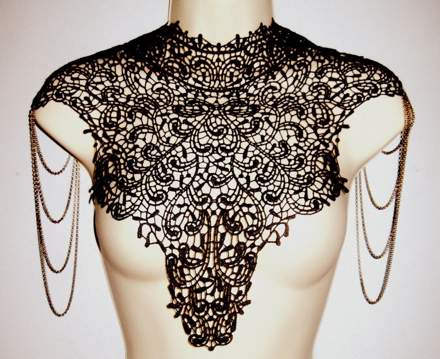 Steampunk lace collar black bib detachable collar necklace with bronze gold chain epaulets epaulettes BODY TATTOO
