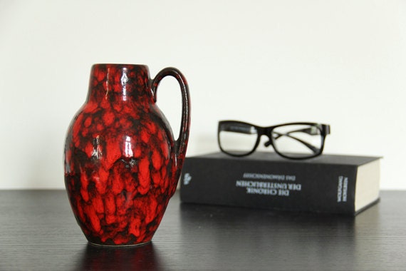 German Pottery Vase Scheurich Lava Glaze Red Black 1960s
