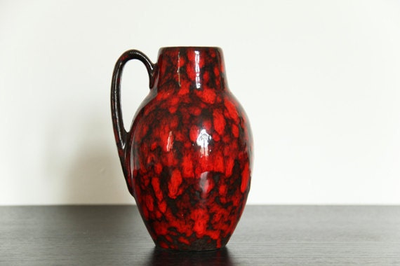 German Pottery Vase Scheurich Lava Glaze Red Black 1960s
