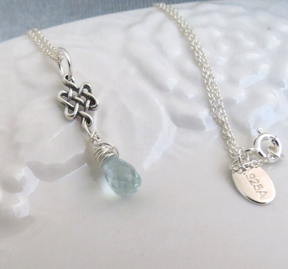 Aquamarine Briolette Celtic Knot Silver Necklace