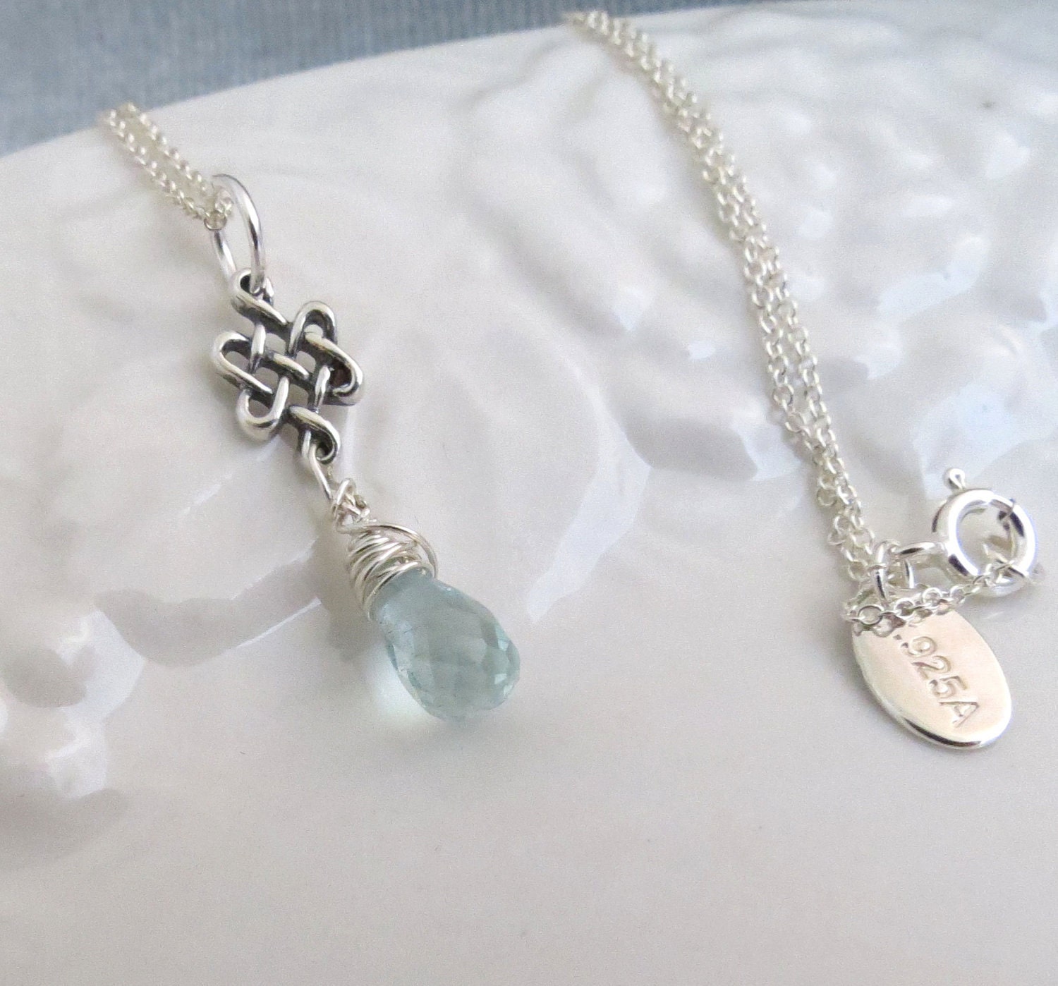 Aquamarine Briolette Celtic Knot Silver Necklace