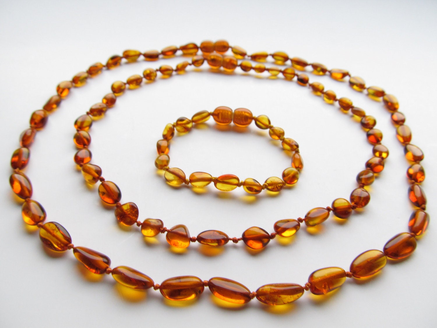 Set Of Cognac Color Baltic Amber Baby Teething Necklace and Bracelet/Anklet and Mothers Reminding Necklace