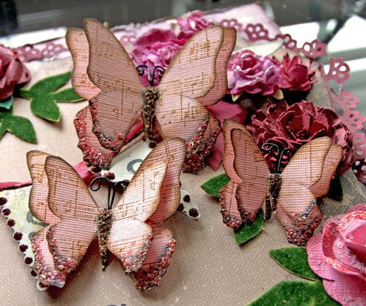 Butterfly Set - Vintage Candy Pink Music Note Butterflies Scrapbook Embellishment Tag Card Mini Album Wedding