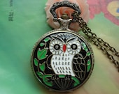 Large Antique Bronze Vintage Filigree Painted Baby Owl on Tree Branch Round Pocket Watch Locket Pendants Necklaces with Chains FREE Ribbon
