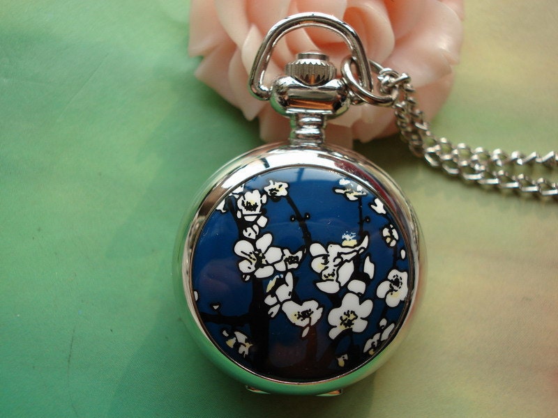 Small Antique Bronze Vintage Filigree Painted Ceramics White Plum Flowers Branch on Blue Base Silver Pocket Watch Locket Necklaces