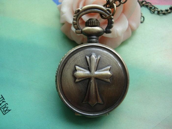 Small Antique Bronze Vintage Cross Steampunk Round Pocket Watch Locket Necklaces with Chains