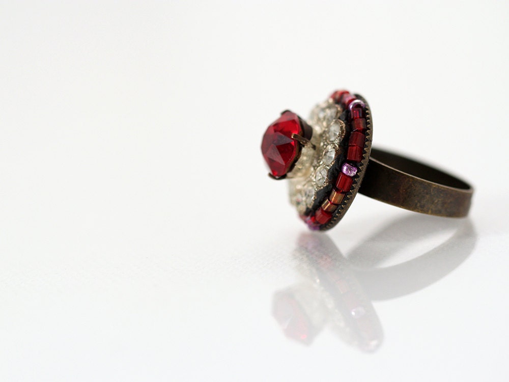 Red Ring. Statement Ring with sparkle. Handmade Cocktail Ring / Bohemian Ring - LAST ONE