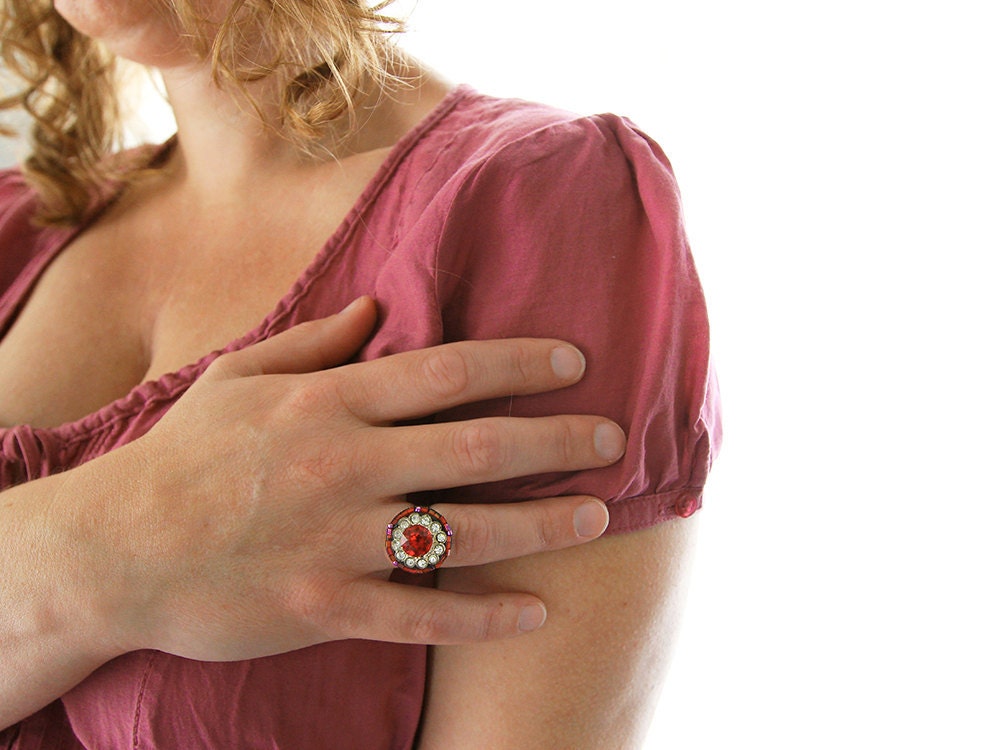 Red Ring. Statement Ring with sparkle. Handmade Cocktail Ring / Bohemian Ring - LAST ONE