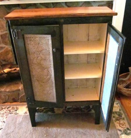 Hand Crafted Primitive Style Solid Pine Pie Safe w/ Punched Tin Door Inserts