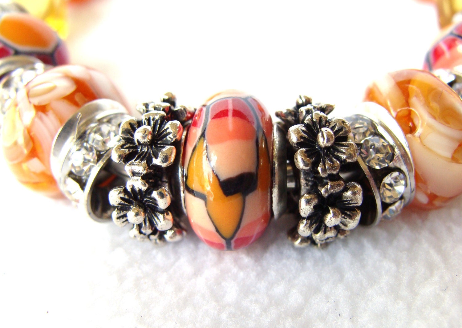 Spring Shades of Orange, Mustard and Red European Beaded Cuff Bracelet