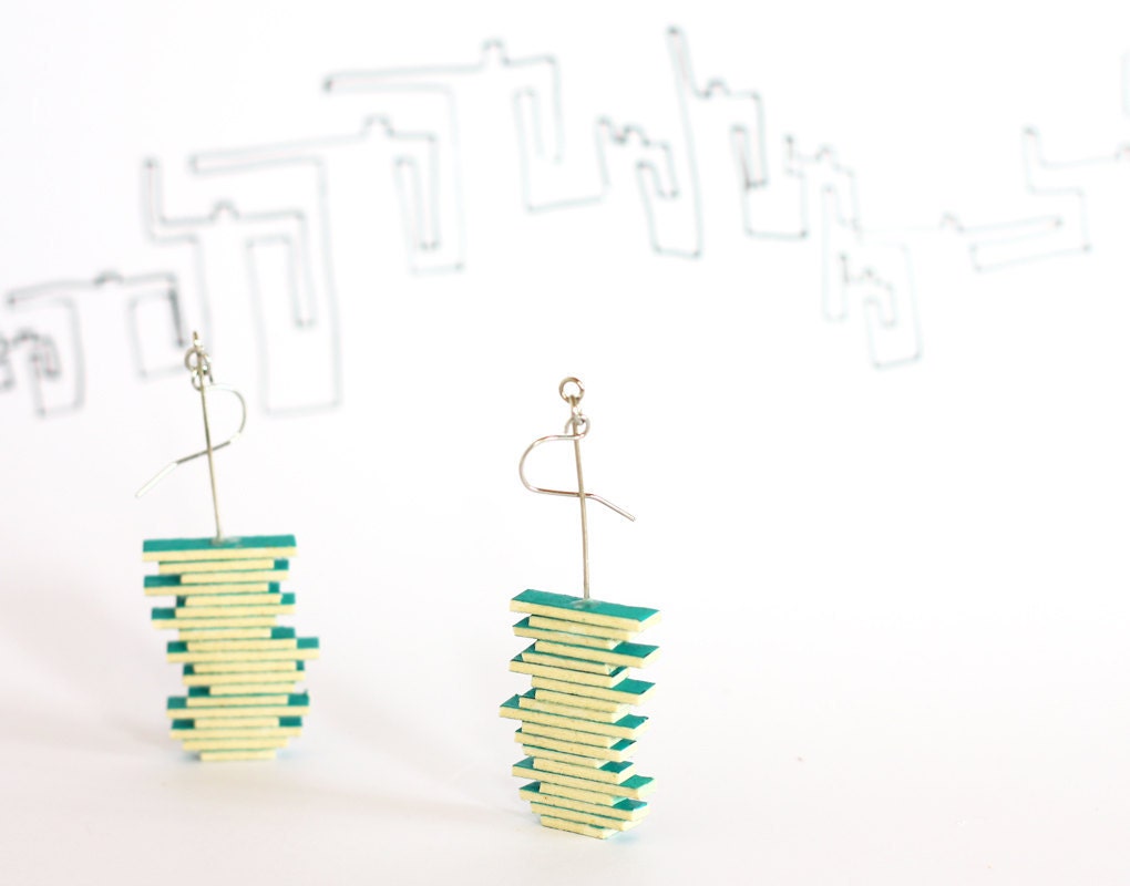 Teal geometric earrings - blue stripes jewelry