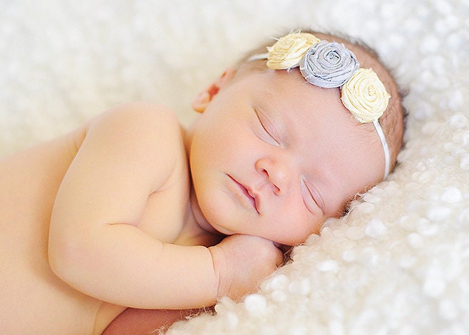 Baby Headband Yellow and Gray - Fabric Flowers - Flower Headband - Three Rolled Rosettes on Skinny White Elastic Headband - Baby Headbands