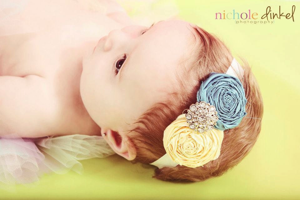 Flower Baby Headband with Rhinestone Button - Fabric Flowers - Children Spring - Yellow & Teal Rosette Headband with Rhinestone Button