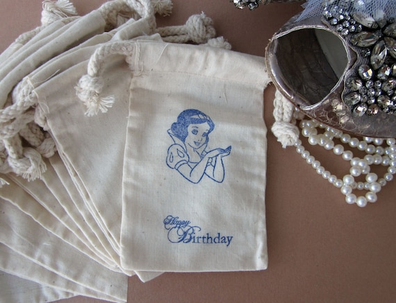 Snow White Birthday Party Favors, 10 Disney Princess Birthday Cotton Favor Bags size 3x5