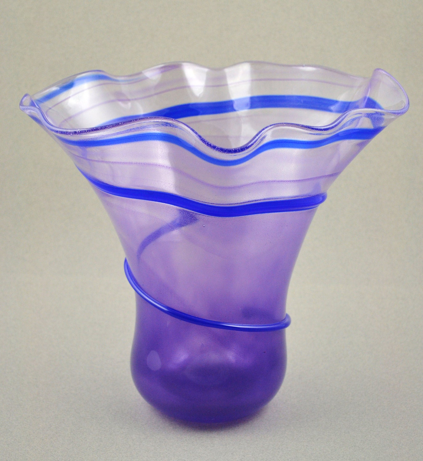 Grape and Blueberry Wrapped Handblown Glass Waved Vase
