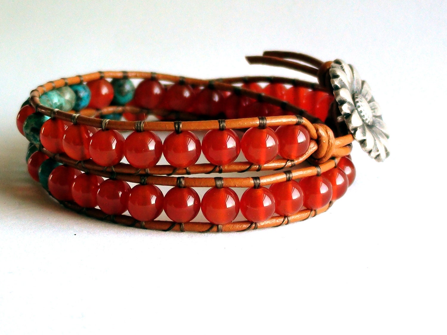 Turquoise and Carnelian Leather Wrap Bracelet