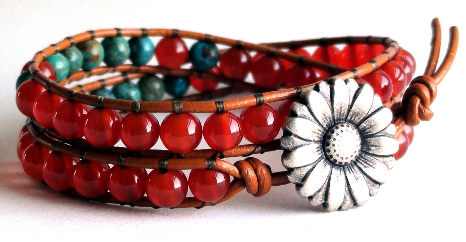 Turquoise and Carnelian Leather Wrap Bracelet