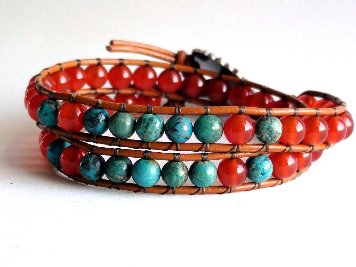 Turquoise and Carnelian Leather Wrap Bracelet