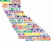 CALIFORNIA Digital Illustration Print of California State with Cities Listed
