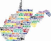 WEST VIRGINIA Digital Illustration Print of West Virginia State with Cities