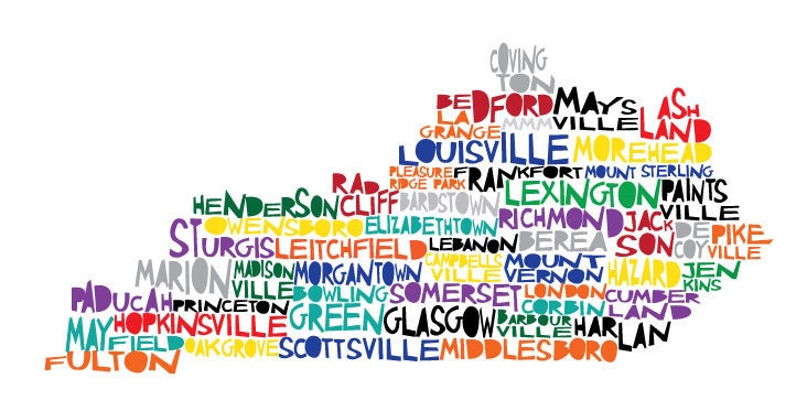 KENTUCKY Digital Illustration Print of Kentucky State with Cities