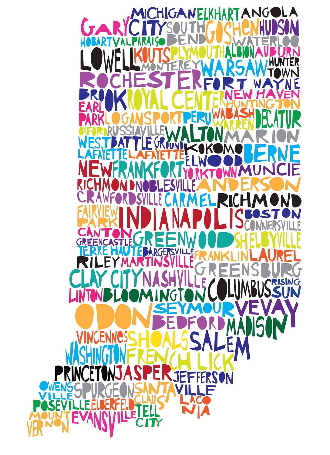 INDIANA Digital Ilustration Indiana State Print Map with Cities Listed