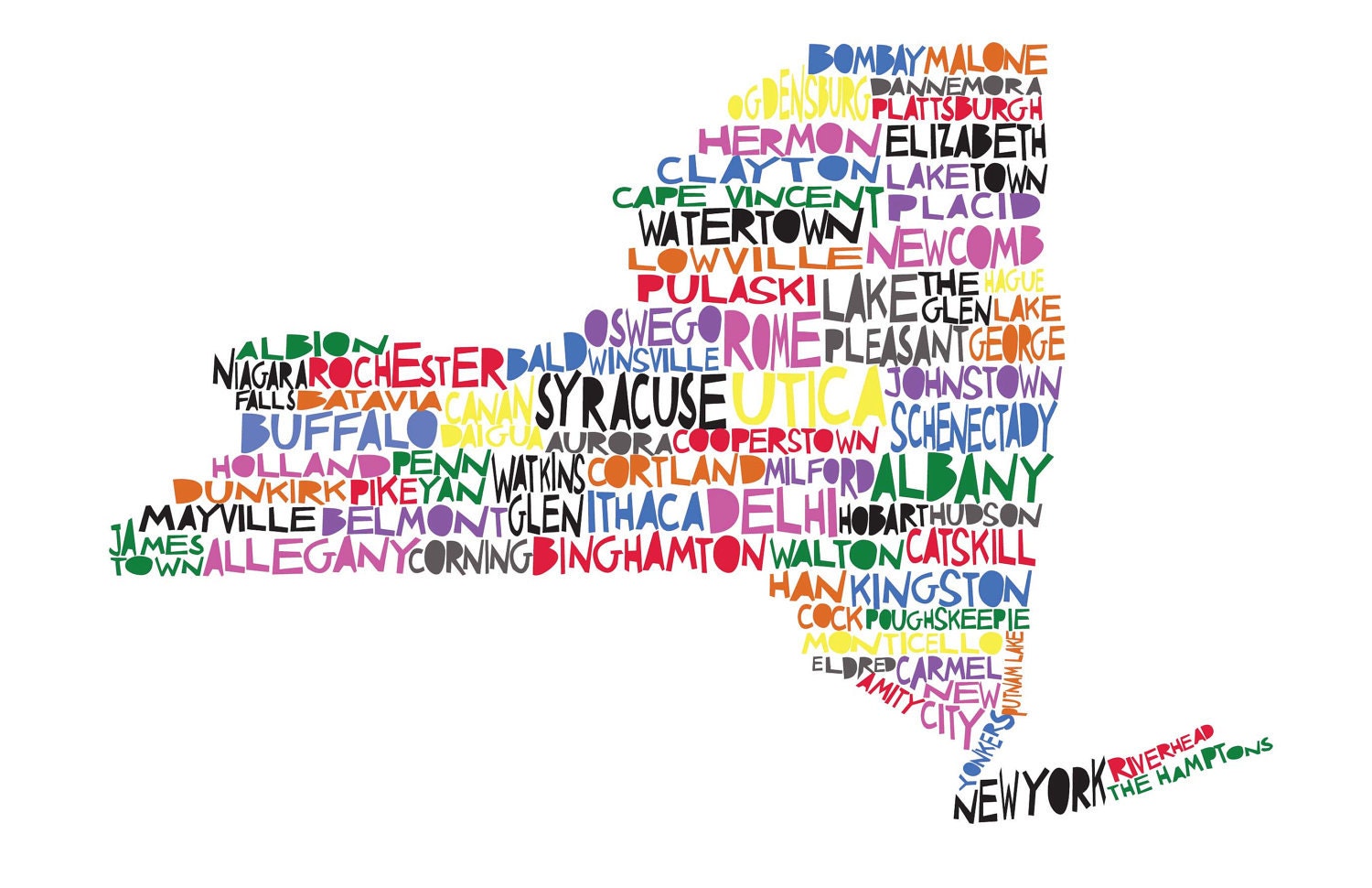 NEW YORK Digitai Illustration Print of New York State with Cities