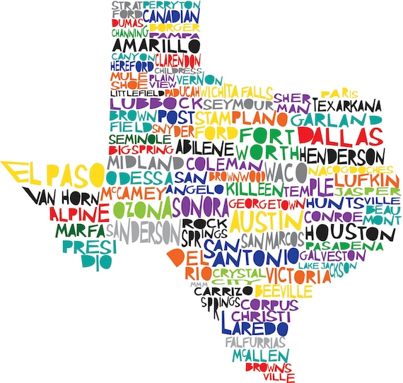 TEXAS Digital Illustration Print of Texas State with Cities Listed
