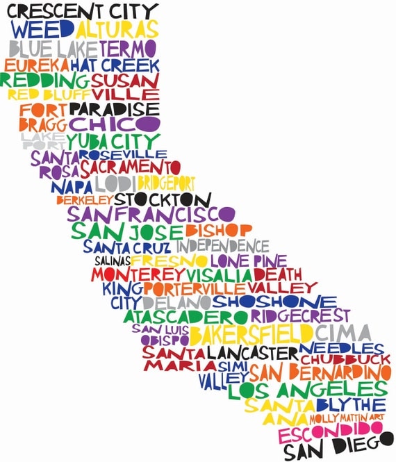 CALIFORNIA Digital Illustration Print of California State with Cities Listed