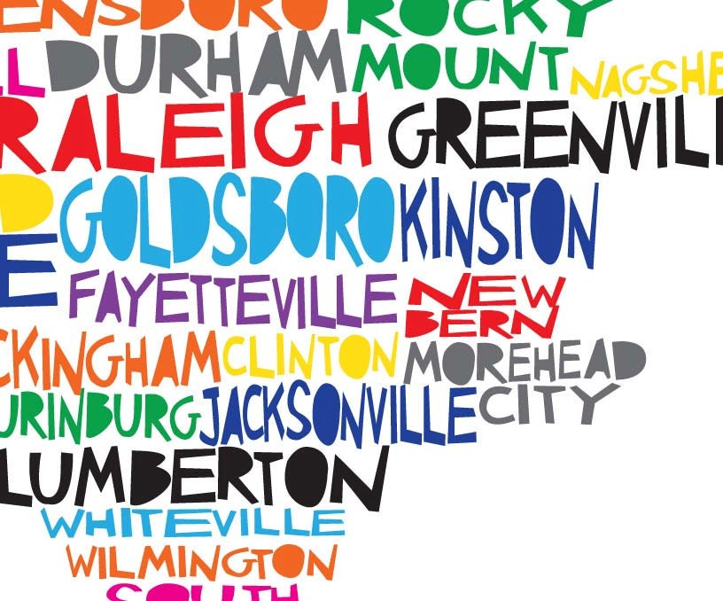 NORTH CAROLINA Digital Illustration of North Carolina State with Cities