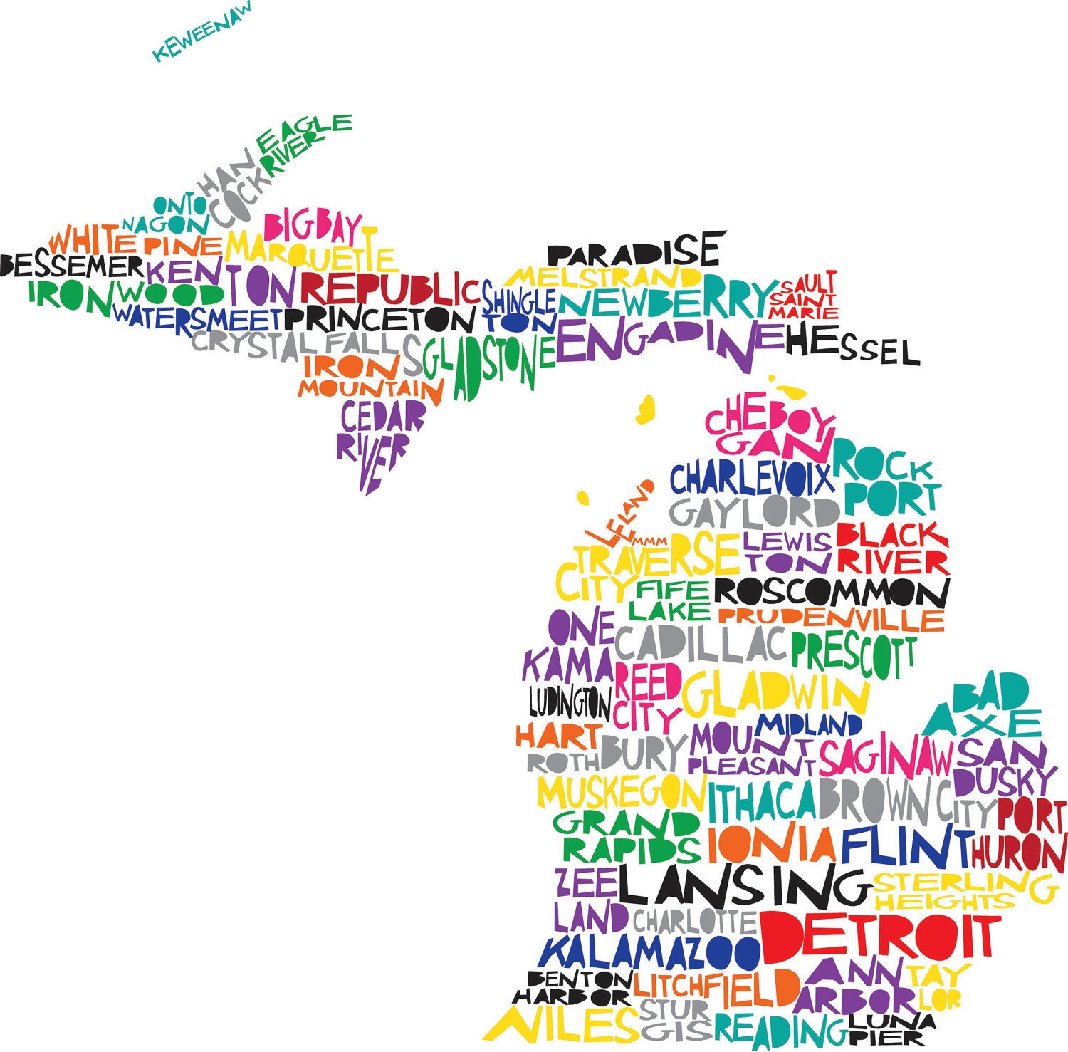 Large MICHIGAN 11x11 Digital Illustration Print - Detroit Lansing