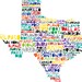 TEXAS State Print Digital Illustration with Cities Listed Dallas Houston Austin Lonestar
