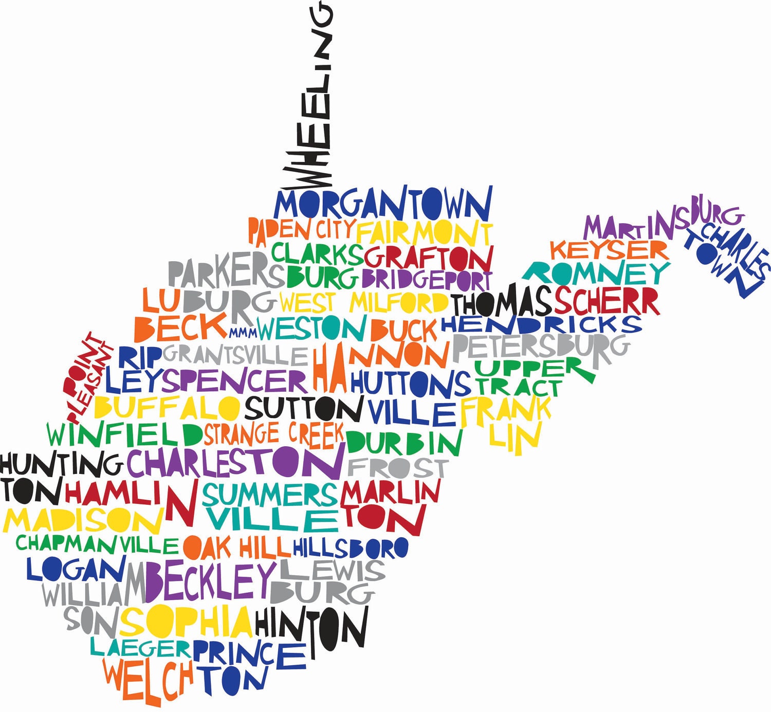WEST VIRGINIA Digital Illustration Print of West Virginia State with Cities
