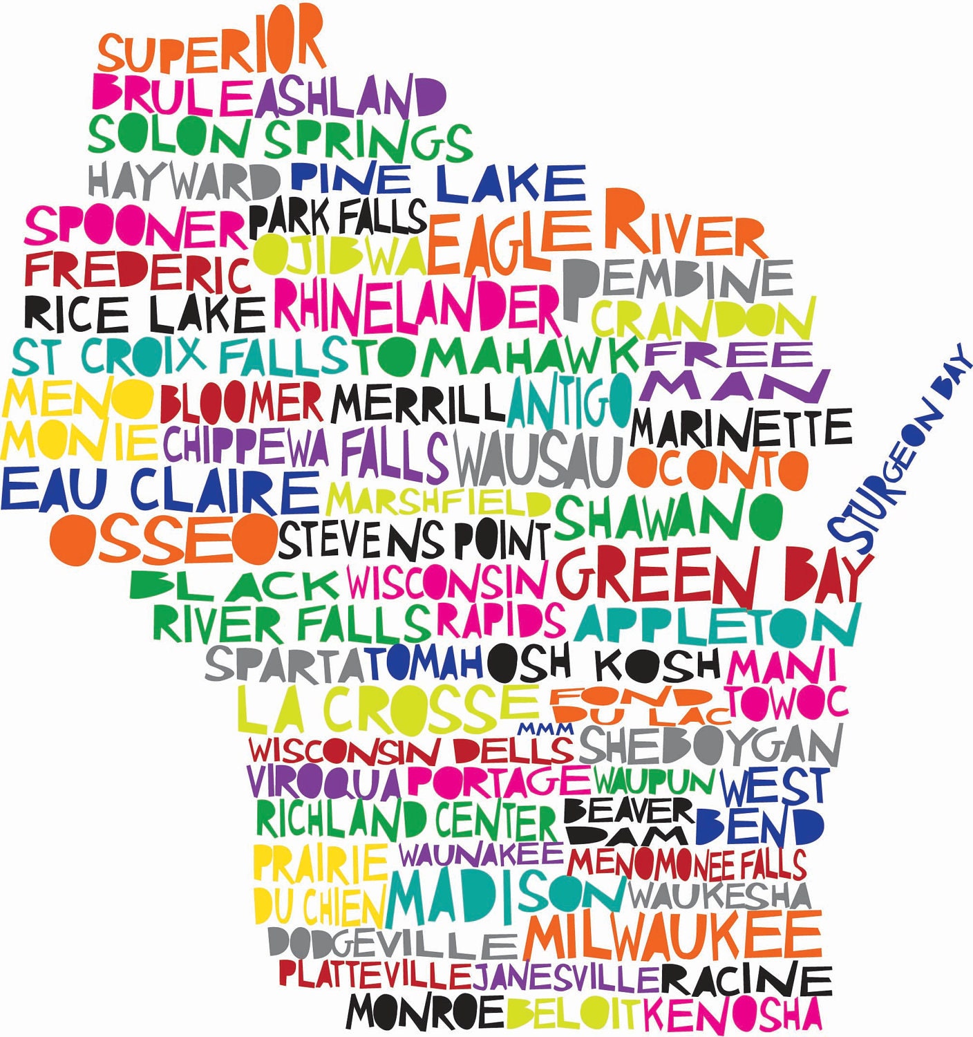 WISCONSIN Digital illustration Print of Wisconsin State with Cities Listed