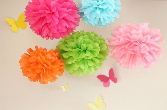 5 Tissue Paper Poms Plus 3 Paper Flowers...ANY COLORS