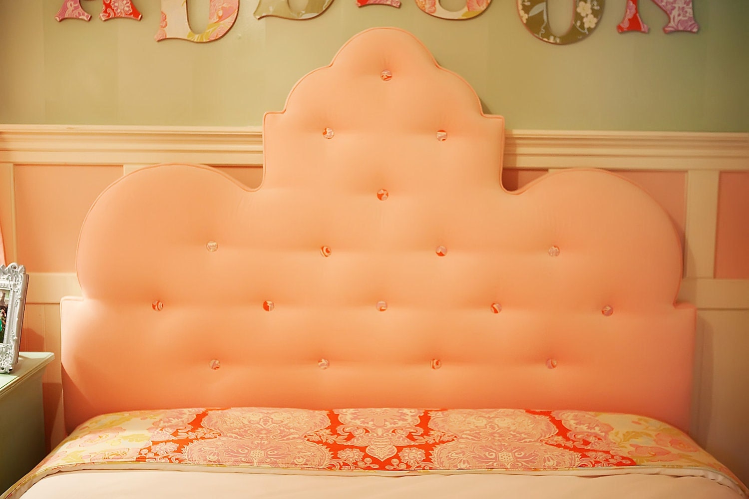 Beautiful Custom Made Queen Pink Velvet Upholstered Tufted Headboard