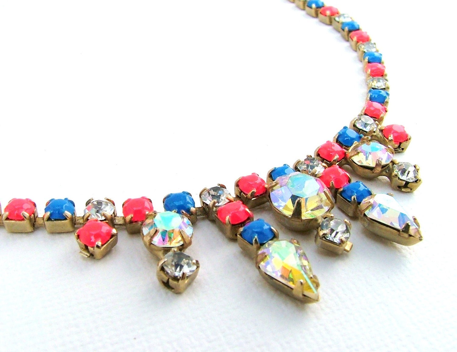 Neon Necklace - Hand Painted Vintage Rhinestones & Aurora Borealis- OOAK