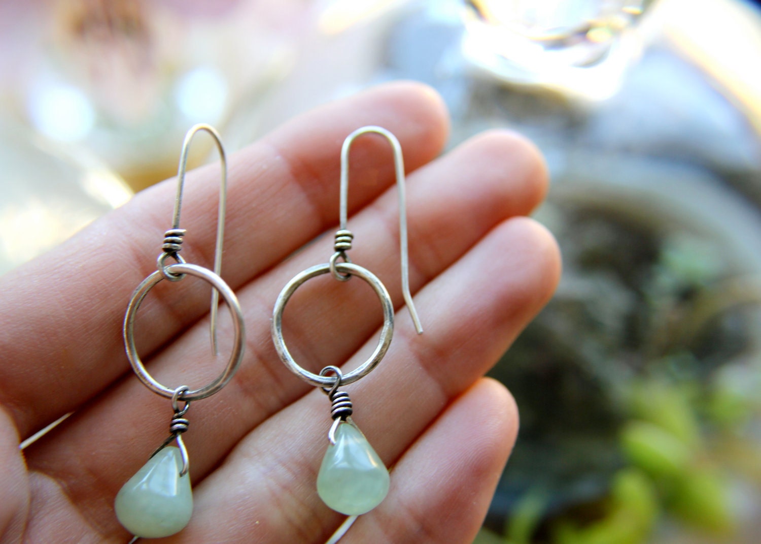 jade and sterling silver succulent hoop earrings