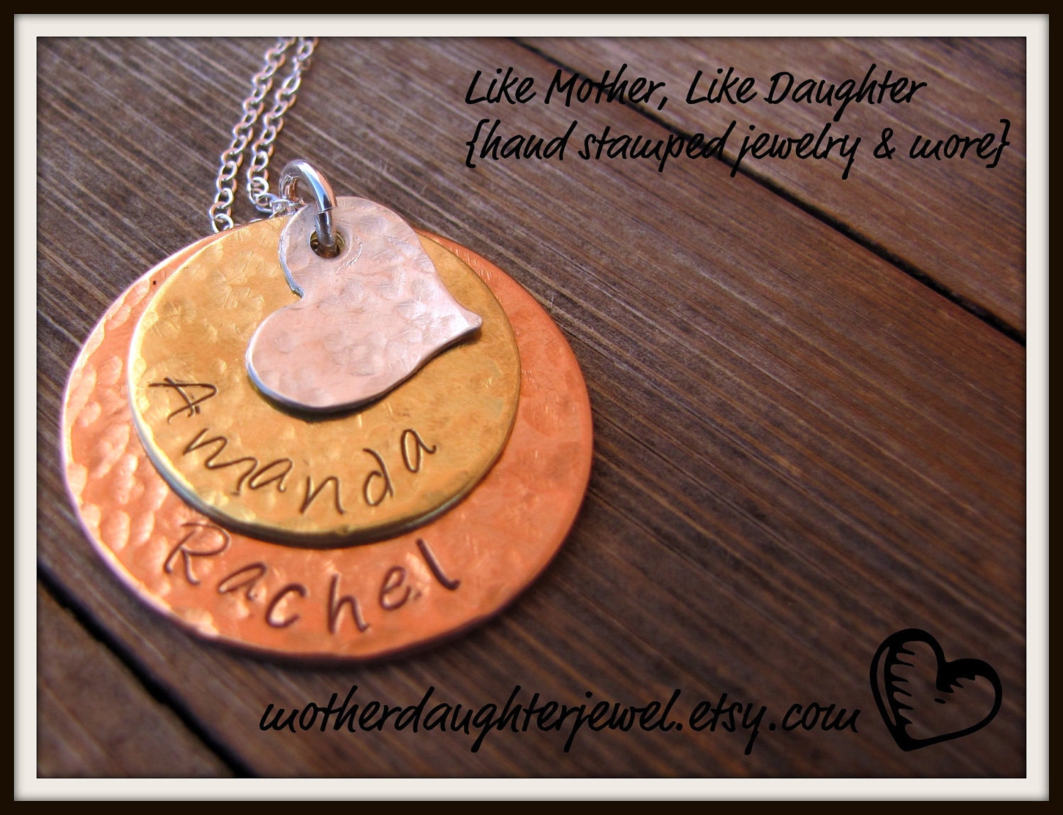 Hand Stamped Stacked Mixed Metal Necklace w/Sterling Silver Hammered Heart for Moms, Grandmas, Friends