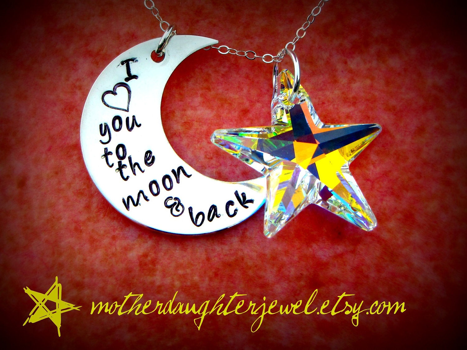 Personalized Necklace - Hand Stamped Mommy Jewelry - I Love You to the Moon and Back with Swarvoski Star Pendant