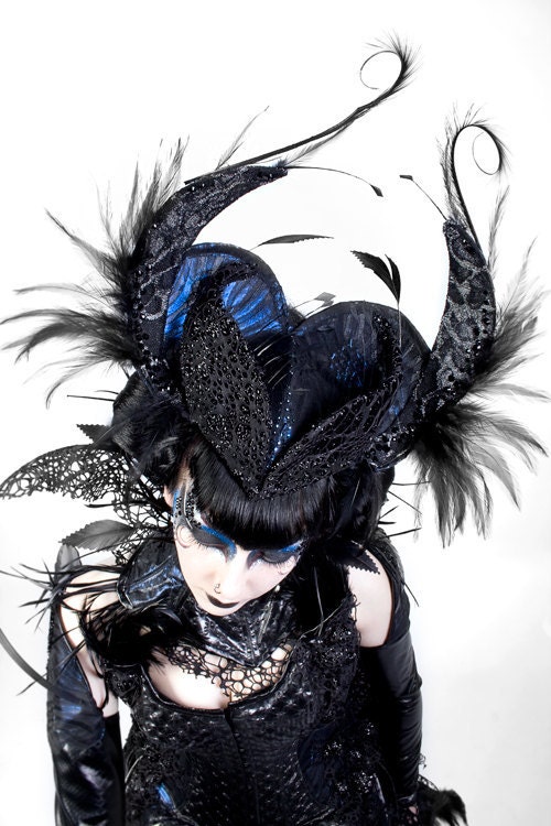 Black feather, Swarovski Crystal headband/ headpiece with blue/black fabric.