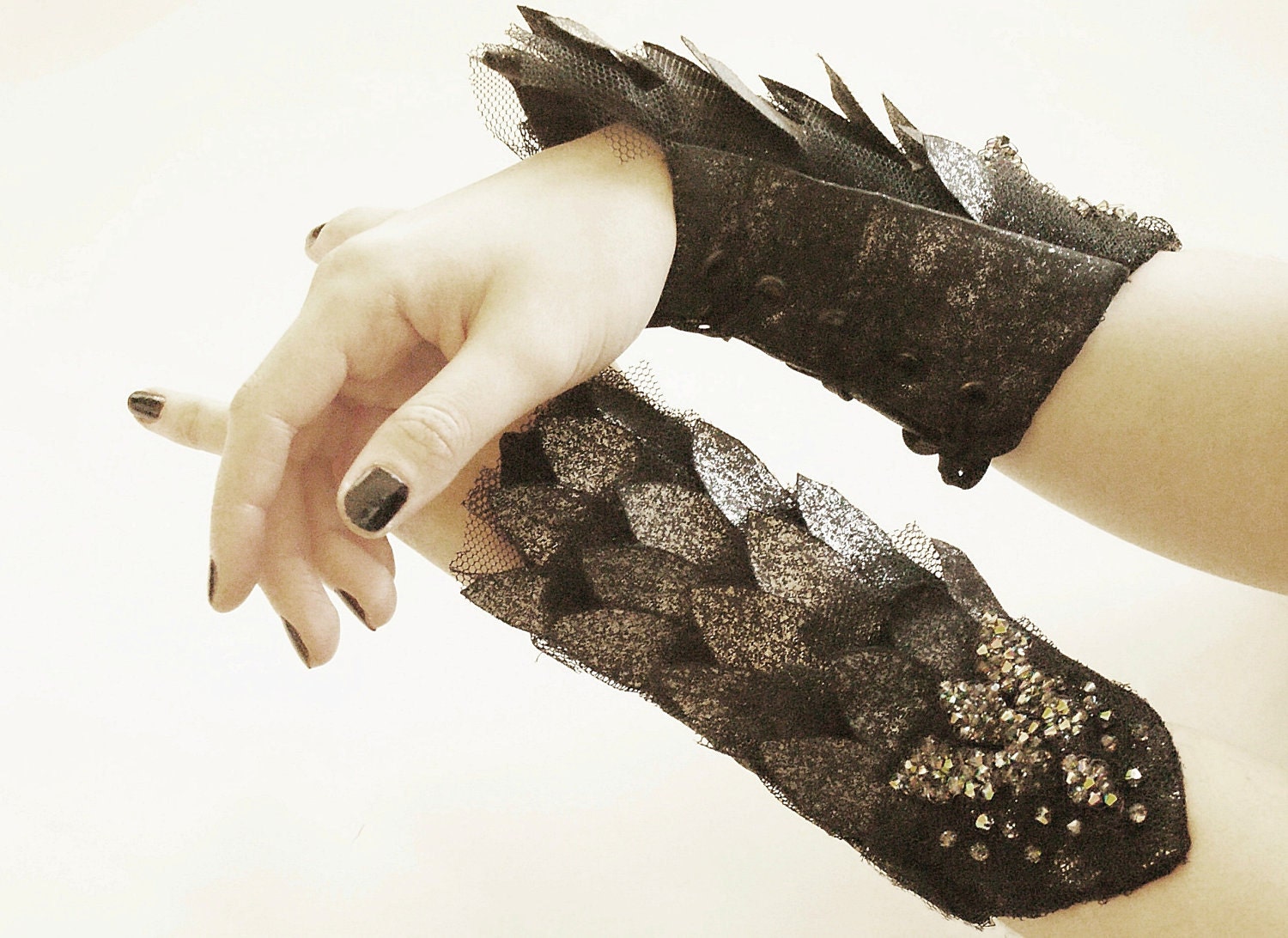 Silver/ black, Swarovski Crystal scale Cuffs Gauntlets laced up with eyelets.