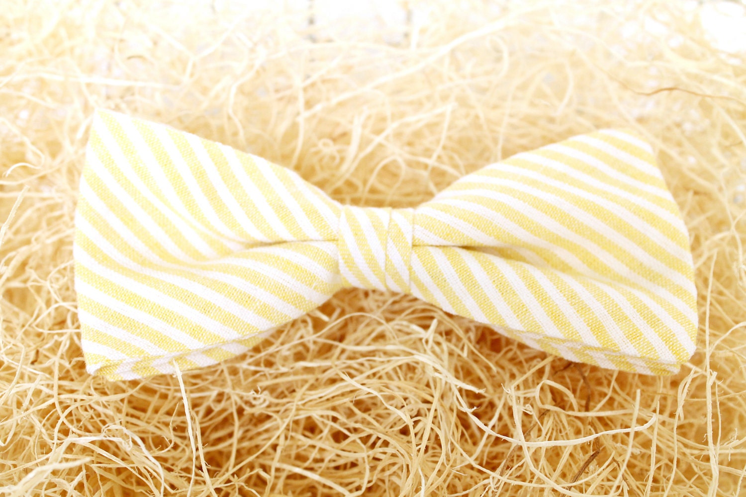 Handmade Yellow Seersucker Clip On Bow Tie