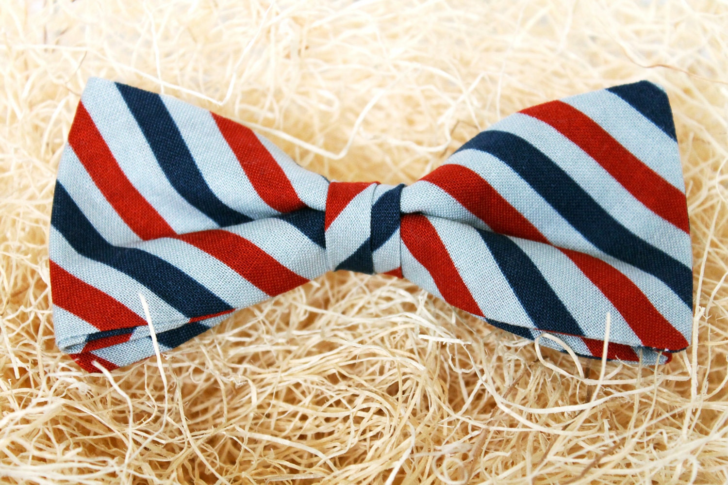 Handmade Blue, Red Striped Calico Clip On Bow Tie