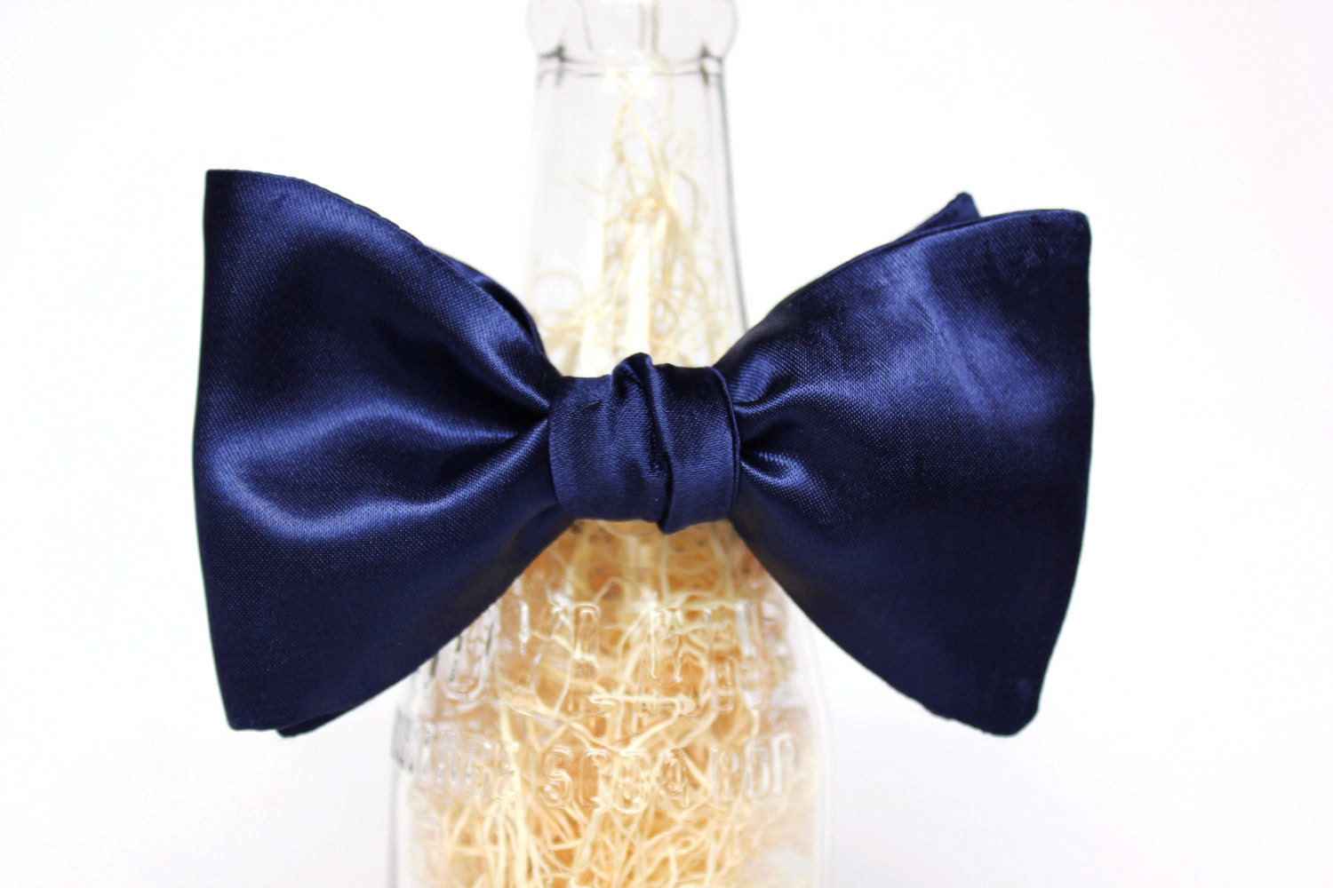 Handmade Navy Blue Satin Self Tie Bow Tie